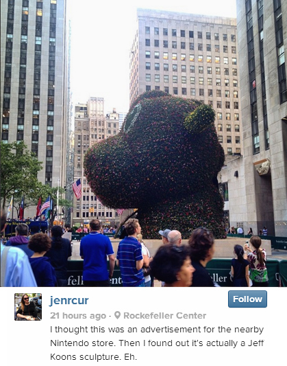Instagram reaction to Jeff Koon's <em>Split-Rocker</em> at Rockefeller Center, New York. Photo: via Instagram.