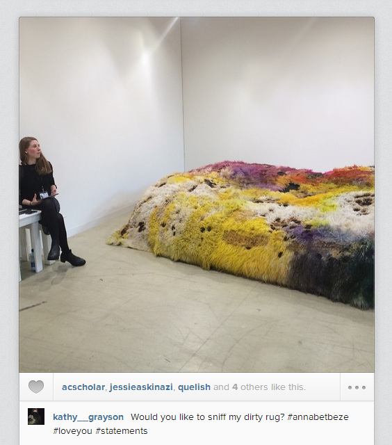 Kathy Grayson shared this colorful, mossy-looking carpet by Anna Betbeze. Photo: Instagram/@kathy_grayson