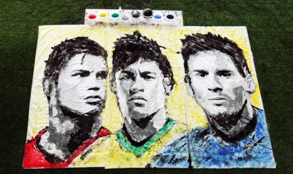 Rod Hong Yi, portrait of World Cup soccer stars Cristiano Ronaldo, Neymar and Lionel Messi, painted using her feet and a soccer ball. Photo: courtesy Red Hong Yi.
