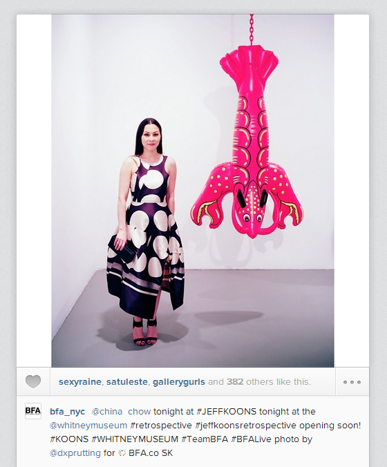 China Chow's dress is the perfect contrast to this hanging critter. Photo: Instagram/@bfa_nyc
