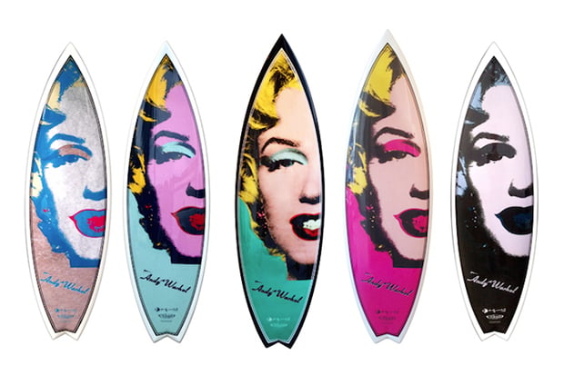 Tim Bessell's latest Andy Warhol surfboards, featuring the artist's Marilyn Monroe silkscreen prints. Photo: courtesy the Andy Warhol Foundation and Tim Bessell.