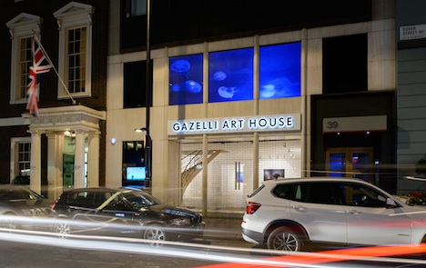 Walter Hugo and Zoniel <em>The Physical Possibility of Inspiring Imagination in the Mind of Somebody Living</em> (2014). The live stream broadcast of the jellyfish on nocturnal display in an abandoned Liverpool building projected on London's Gazelli Art House. Photo: courtesy Gazelli Art House, London. 