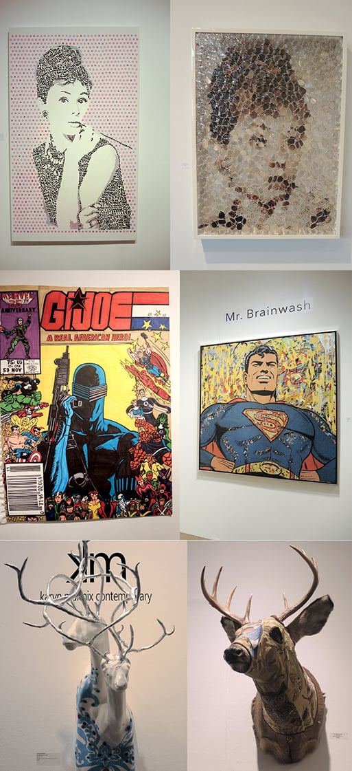 Top row: on left, a painting by Jason Poremba from Karyn Mannix Contemporary, East Hampton, at ArtHamptons; at right, David Datuna take at Birnam Wood Galleries at ArtMarketHamptons. Middle Row: at left, at ArtMarketHamptons, Michael Scoggins has a larger than life notebook drawing of G.I. Joe at New York's Freight + Volume; at right, ArtHamptons displays Mr. Brainwash's Superman art from Greenwich, Connecticut's Samuel Owen Gallery. Bottom Row: at left, at ArtHamptons, Karyn Mannix Gallery showed Lauri Lynnxe Murphy's "Geminocapitas luncus;" at right: "Deer Head" by Chris Roberts Antieau from New Orleans's Red Truck Gallery at ArtMarketHamptons. Photo: Sarah Cascone.