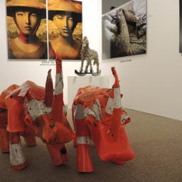 Johnston Foster's "Little Brothers" traffic cone rhino sculptures and other work from New York's Emmanuel Fremin Gallery at ArtHamptons. Photo: Sarah Cascone.