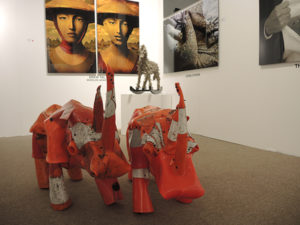 Johnston Foster's "Little Brothers" traffic cone rhino sculptures and other work from New York's Emmanuel Fremin Gallery at ArtHamptons. Photo: Sarah Cascone.