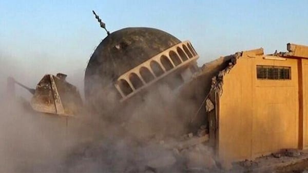 A photo posted by ISIS that shows the destruction of what appears to be a Sufi shrine. Photo: via Hyperallergic.
