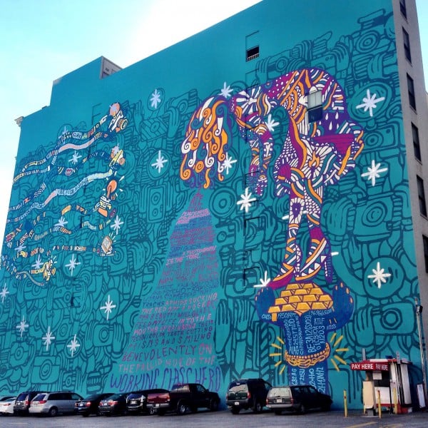 Foster the People's Los Angeles mural, featuring the cover art from band's latest album, <em>Supermodel</em>, designed by music and art collective Young & Sick, and was painted in January by artists Daniel Lahoda and Leba with graffiti art groups LA Freewalls and Vyal. Photo: via MarryMeFoster Tumblr. 