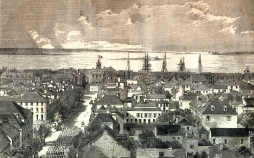 An engraving of the harbor in Charleston, South Carolina. Photo: via the International African American Museum. 