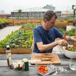 Jon Kessler making a salad as part of Julia Sherman's artist-made salad interview series hosted at the MoMA PS1 Salad Garden in Queens, New York. Photo: Julia Sherman.