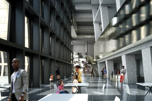 A rendering of the redesigned lobby of the Africa Center, replacing the expensive wood with concrete finishes. Photo: G TECTS and MARCH.