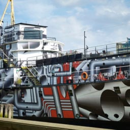 Tobias Rehberger and Carlos Cruz-Diez have adorned vessels in London and Liverpool with their take on dazzle camouflage, used extensively on British warships during WWI. Tobias Rehberger, Dazzle Ship, 2014 Photo: Stephen White