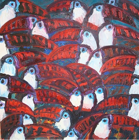 Hunt Slonem,Channel Bill (Toucans) (2008) oil on canvas 37 x 37 in. Photo: Courtesy of artist and Jean Albano Gallery.