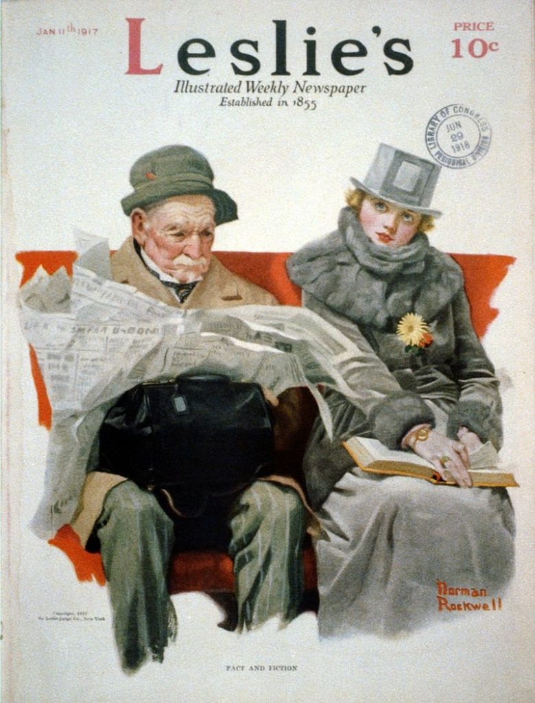 Norman Rockwell, Fact and Fiction (1917). Cover illustration for Leslie's illustrated weekly newspaper, vol. 124, no. 3201, January 11, 1917. Public domain.