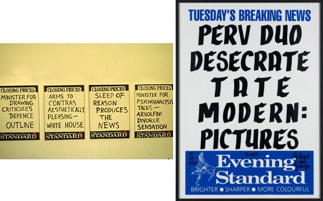 Works from Conrad Atkinson's Billboard series (left) and Gilbert and George's Perv Duo Desecrate Tate Modern: Pictures (2007) Photos: Courtesy Conrad Atkinson and via White Cube