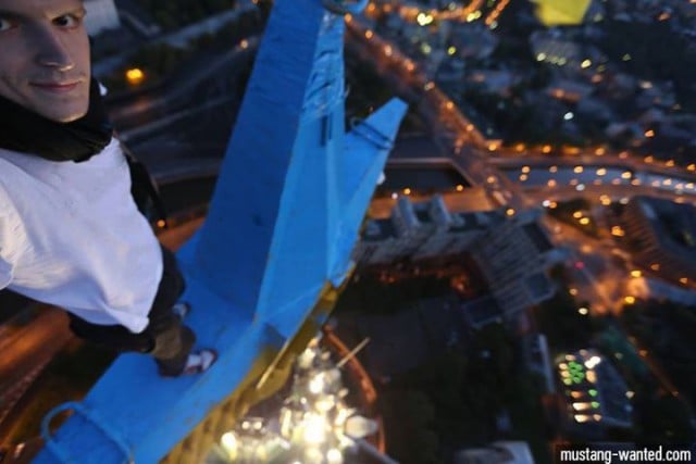 Mustang Wanted atop the painted star on one of Moscow's Seven Sisters towers. Photo: via Facebook