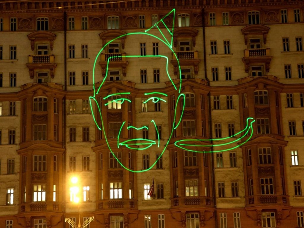 A racist laser projection of Barack Obama from the Moscow Student Initiative. Photo: Moscow Student Initiative.