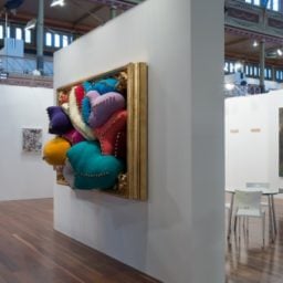 Installation view of artworks by, Joana Vasconcelos, left and center, and, Ben Quilty, far right, at Pearl Lam Galleries