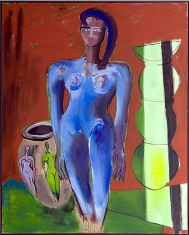 Elvira Bach, Blaue Figur mit Amphoren (1990) Resin on canvas 90.6 x 74.8 in. Photo: courtesy of the artist and Galerie Deschler.