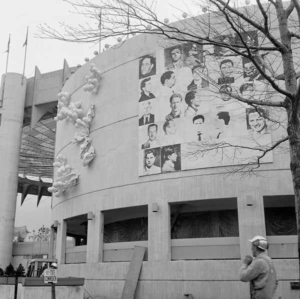 Andy Warhol, Thirteen Most Wanted Men , silkscreen on canvas,  Installed on the exterior of the New York State Pavilion. © 2014 The Andy Warhol Foundation for the Visual Arts, Inc. / Artists Rights Society (ARS), New York