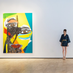 Pari Ehsan in front of a Mickalene Thomas painting and Calypso St. Barth kimono
