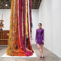 Pari Ehsan in front of a Sheila Hicks sculpture and wearing a House of Holland dress