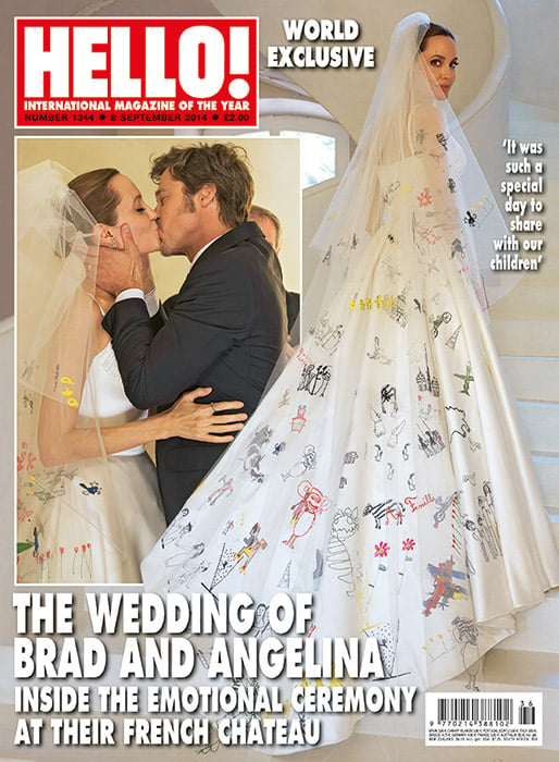 The cover of Hello features Angelina Jolie at her wedding to Brad Pitt, wearing her custom-designed wedding dress decorated with her children's drawings. Photo: courtesy Hello.
