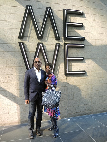 Studio Museum in Harlem director Thelma Golden and artist Glenn Ligon with the bag he designed with MZ Wallace. Photo: Sarah Cascone.