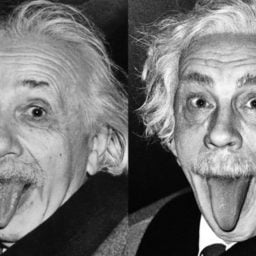Arthur Sasse, Albert Einstein Sticking Out His Tongue (1951), and Sandro Miller's version with John Malkovich.