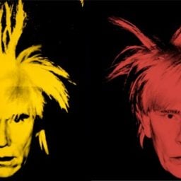 Andy Warhol, Self Portrait (Fright Wig) (1986), and Sandro Miller's version with John Malkovich.