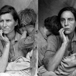 Dorothea Lange, Migrant Mother (1936), featuring Florence Owens Thompson, and Sandro Miller's version with John Malkovich.
