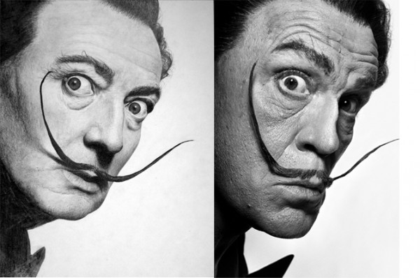 Philippe Halsman, Salvador Dalí (1954), and Sandro Miller's version with John Malkovich.