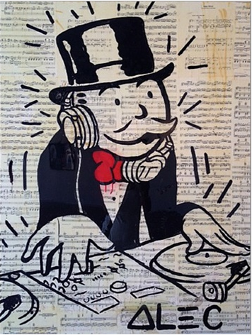 Alec Monopoly, DJ Monopoly (2013) Acrylic on newspaper with a resin finish 48 x 36 in. Photo: courtesy of the artist and Guy Hepner.