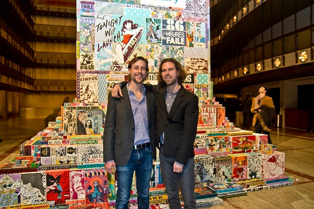 Patrick McNeil and Patrick Miller of FAILE in front of their "Tower of FAILE", a part of their collaboration with the New York City Ballet at the Lincoln Center, "Les Ballets de FAILE" in 2013. Photo: courtesy of arrestedmotion.com.