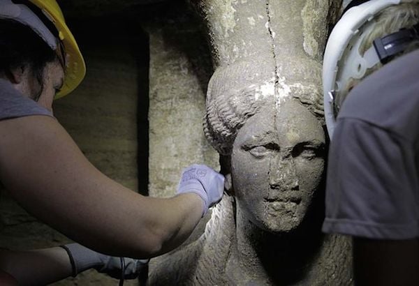 Picture released by the Greek Ministry of Culture, showing one of the two unearther Caryatid statues