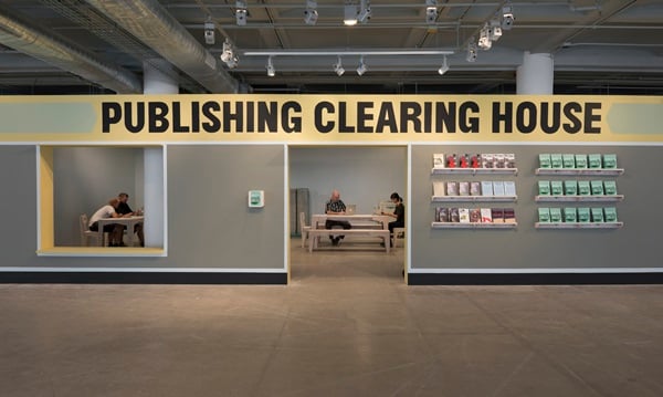 Temporary Services, Publishing Clearing House, 2014. Installation view in A Proximity of Consciousness: Art and Social Action, Sullivan Galleries, Chicago. 