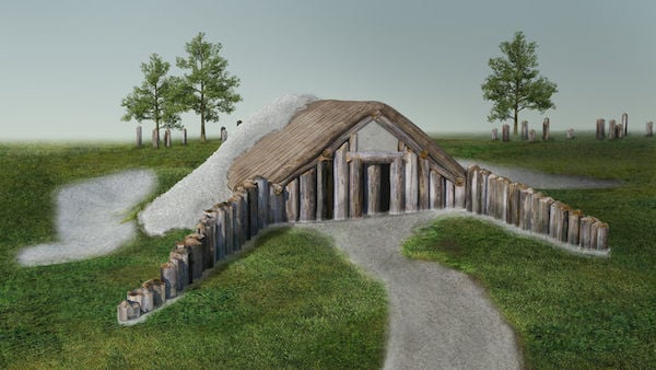 Render of the long barrow mortuary building Photo via: Channel 4