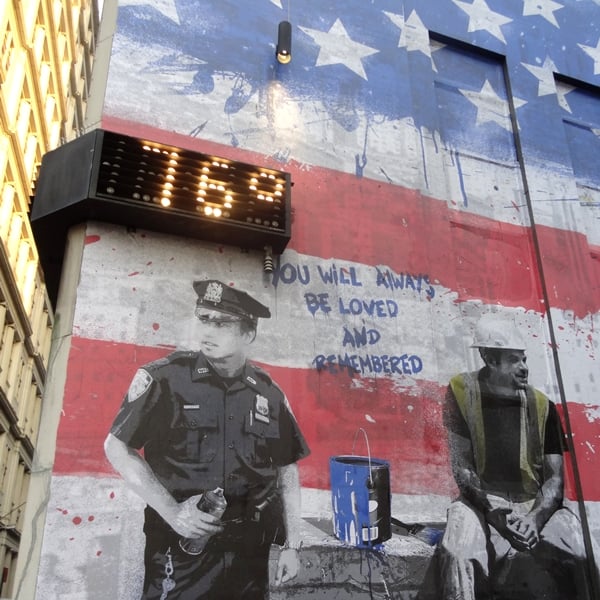 Detail from Mr. Brainwash's 9/11 mural across the street from the WTC site at Century 21.Photo: Benjamin Sutton.