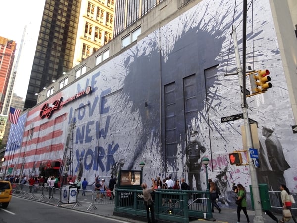 Mr. Brainwash's 9/11 mural across the street from the WTC site at Century 21.Photo: Benjamin Sutton.