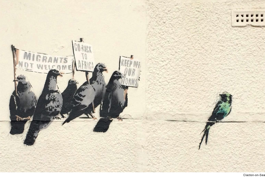 The Banksy mural in Clacton-on-Sea, UK, before the local government painted over it in response to complaints that the immigration-themed piece was offensive. Photo: Banksy.