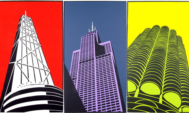 Colored prints of Chicago's Willis Tower, Marina City, and Hancock buildings. Photo: Jim Nedza, Design Slinger Studio.