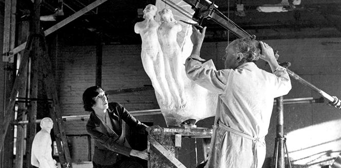 Gertrude Vanderbilt Whitney and her assistant, Salvatore F. Bilotti, in her sculpture studio on MacDougal Alley working on the maquette for her Spirit of Flight created for the 1939 World's Fair in New York. Photo: courtesy the New York Studio School.