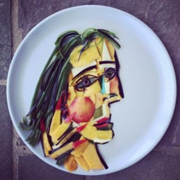 Harley Langberg, after Picasso's Dora Maar (acsllions, eggplant, mango, nectarine, gum, turnip, zucchini, and peppers). Photo: Harley Langberg.