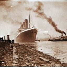 The Titanic vessel departs Belfast, seen from the shore. Courtesy of the National Museums Northern Ireland.