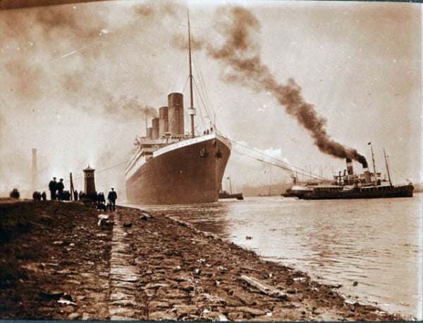 The Titanic vessel departs Belfast, seen from the shore. Courtesy of the National Museums Northern Ireland.