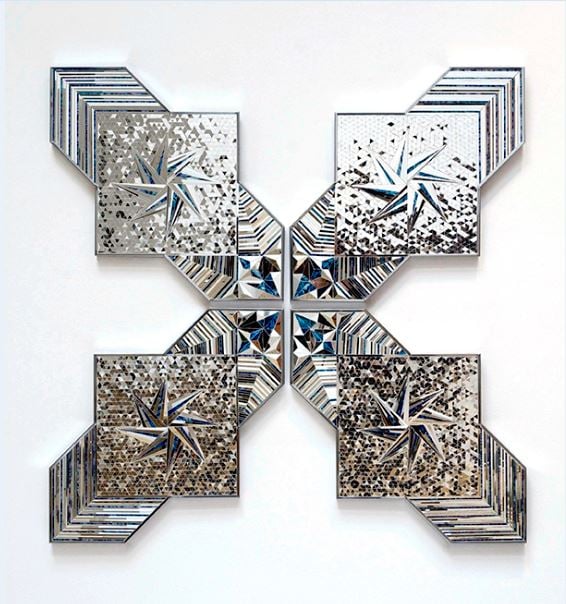 Monir Farmanfarmaian, Convertible Series, Group 10 (2011)Mirror and reverse glass painting on plaster and wood, 4 parts, 47” x 47” x 1.25”Courtesy of the artist and Haines Gallery, San Francisco 