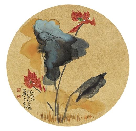 Cao Jun, 临水岸 (Lotus) , (2011),ink and color on paper, decorated w/gold paint, mounted, 33.5 x 33.5 cm. (13.2 x 13.2 in.) Photo: artnet Price Database