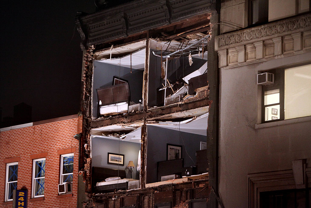 The facade of an apartment building collapsed October 29, 2012 in the Chelsea neighborhood of Manhattan, New York. Photo by Allison Joyce/Getty Images.