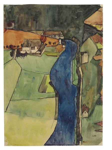 Egon Schiele (1890-1918), Stadt am blauen Fluss (Krumau), gouache, watercolor, metallic paint and black Conté crayon on paper, executed in 191 800,000 – 1,200,000 