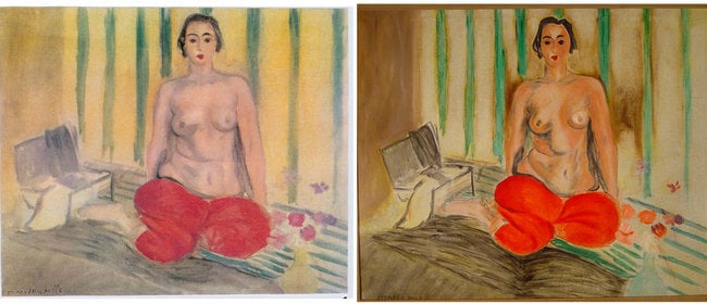Henri Matisse, Odalisque in Red Pants, the original at left, and the unimpressive fake that had replaced it on the right. Photo: Museo de Arte Contemporaneo de Caracas Sofia Imber, Venezuela.