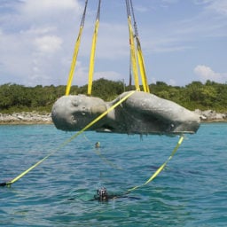 Jason deCaires Taylor, Ocean Atlas, as it was being installed in the new Sir Nicholas Nuttall Coral Reef Sculpture Garden. Photo: Jason deCaires Taylor.